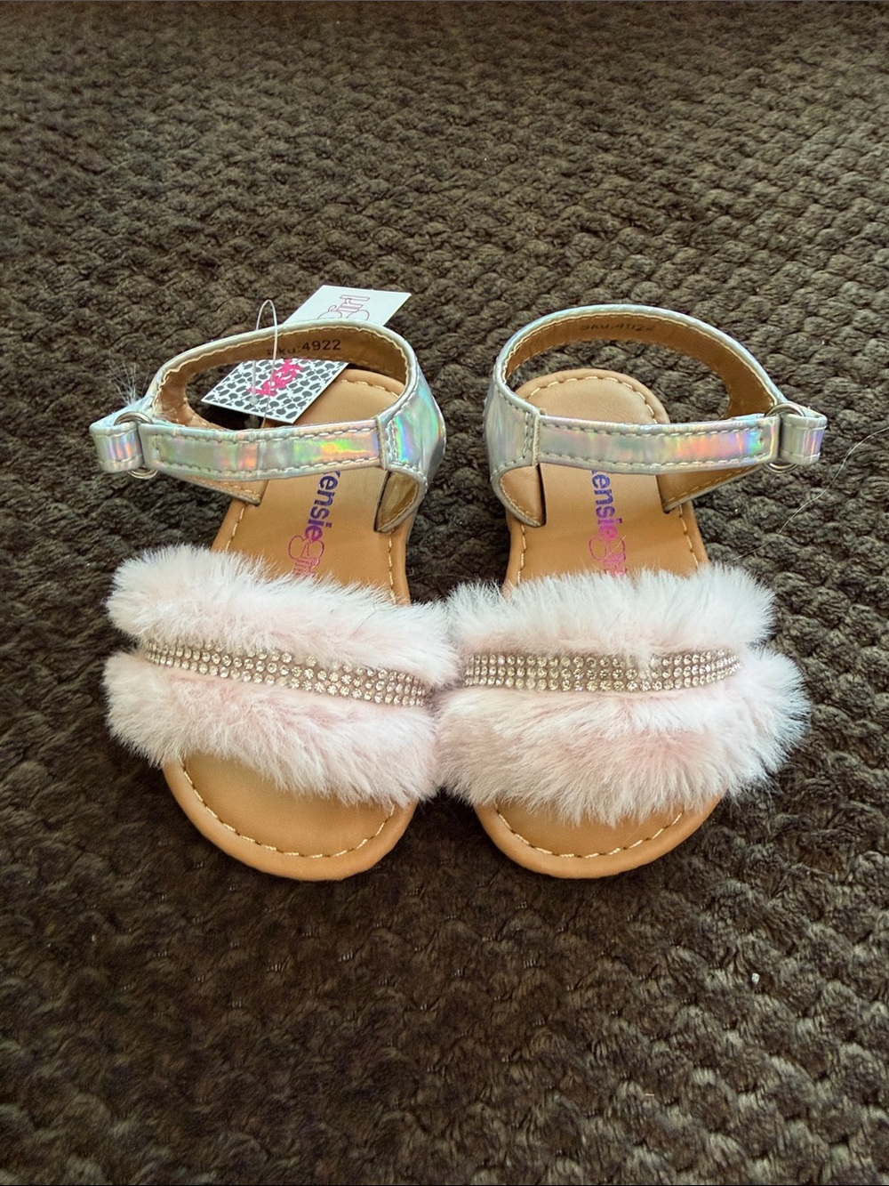 Kensie Girls Pink Faux Fur Sandals with Iridescent Strap